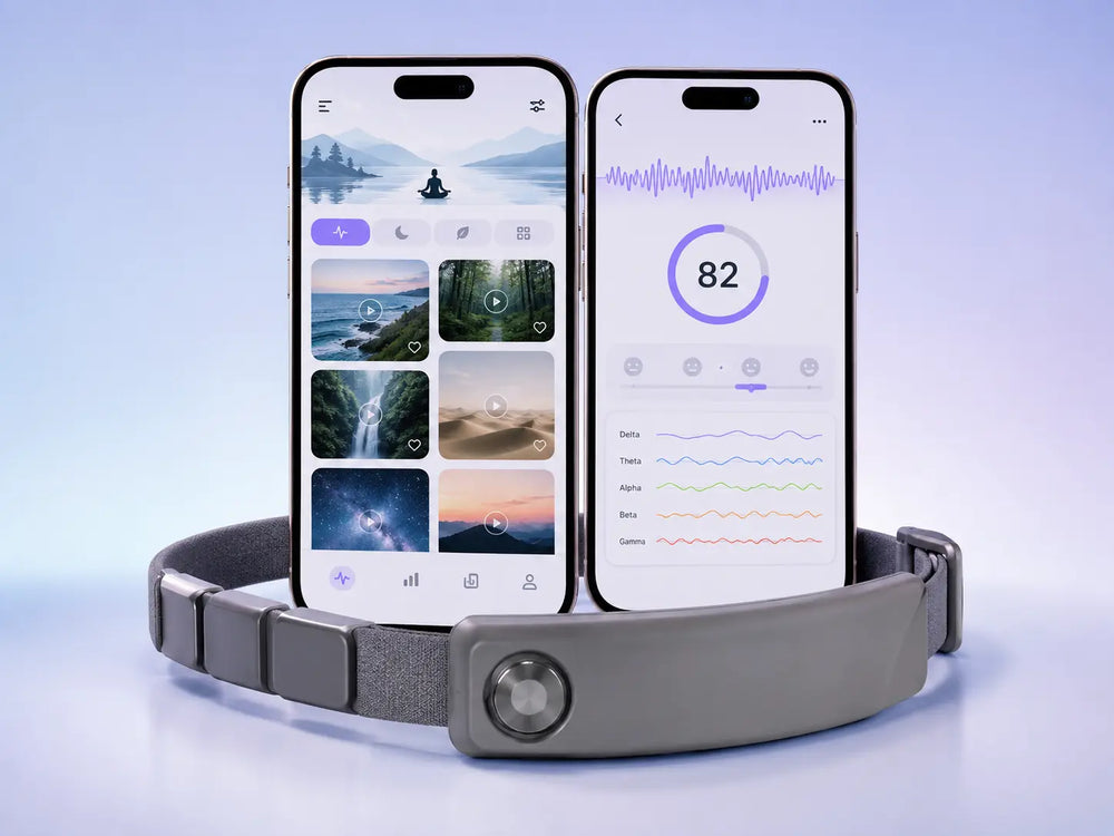 SereniBrain headband with guided meditation and session insight screens