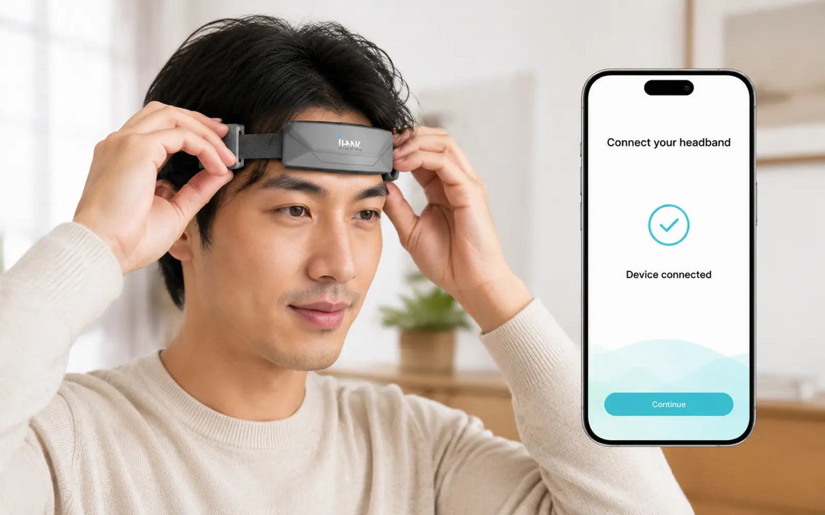 SereniBrain headband being fitted and connected to the app