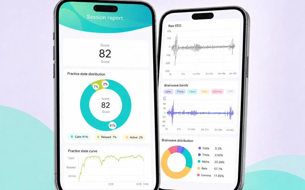 SereniBrain session report with score, practice states, raw EEG, and brainwave bands