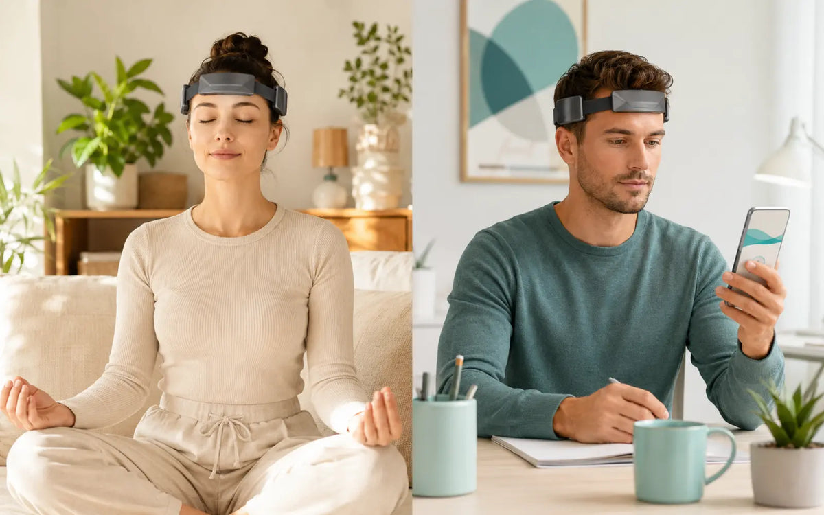 Closed-eye meditation and eyes-open focus practice with SereniBrain